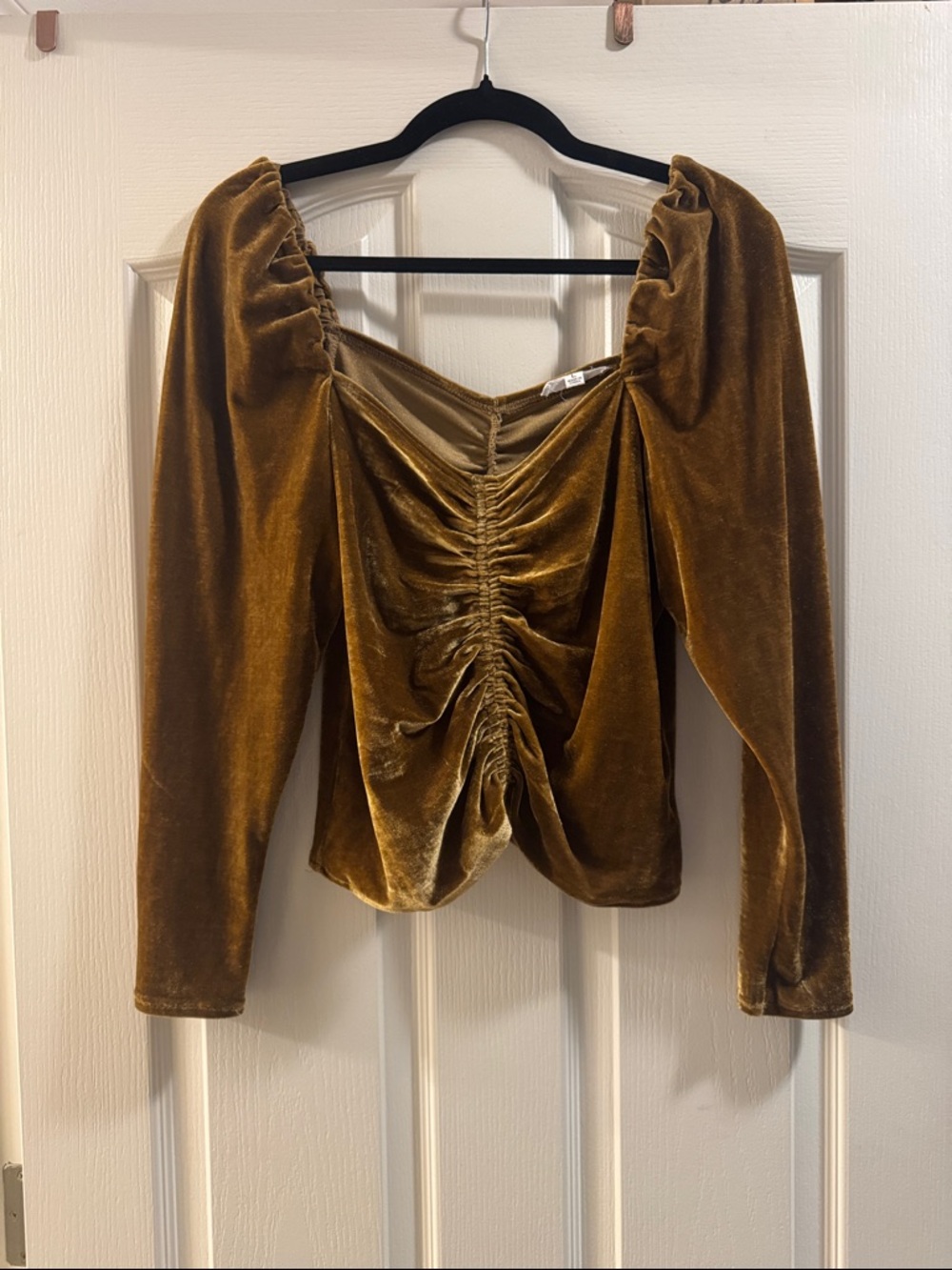 BB Dakota Velvet Ruched Puff-Sleeve Top in Olive
